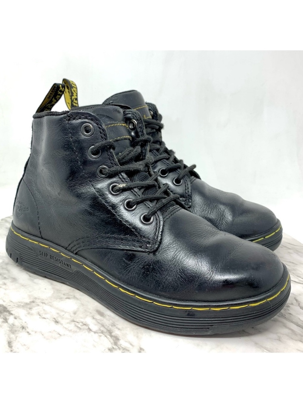 Dr. Martens Amwell SR Safety Black Leather Lace-Up Boots 6 Alt Festival Grunge